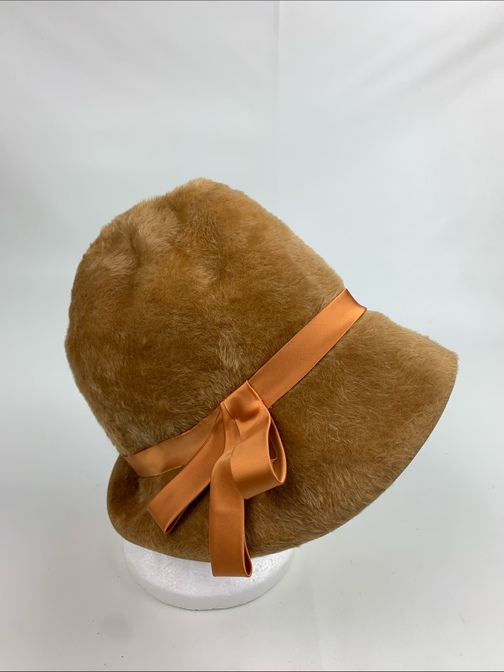 Vintage Mr Charles Camel faux fur Hat with Wide Brim & ribbon